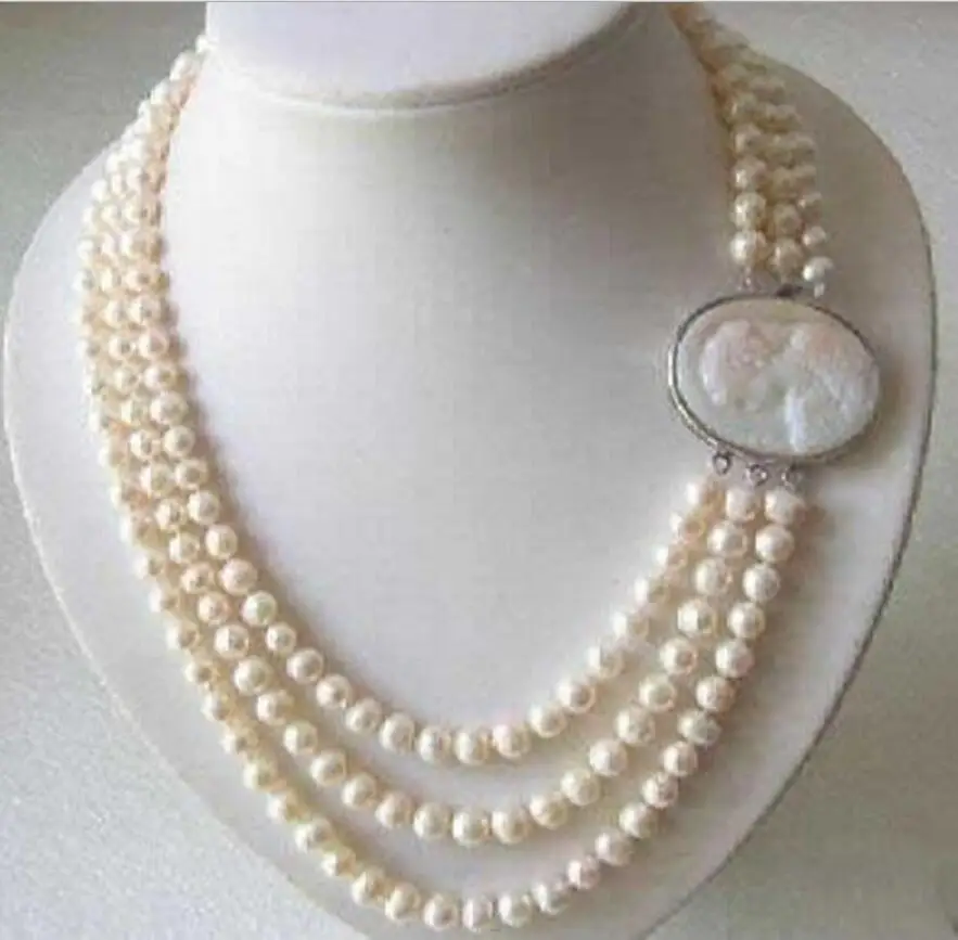 

Fashion jewelry Free Shipping Genuine 3 Rows 7-8MM Freshwater pearl Necklace Cameo Clasp