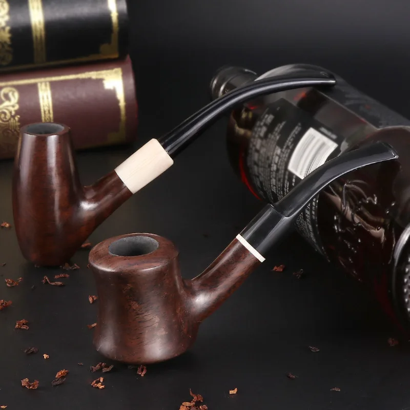 

Ebony Wood 9mm Filter Flue Tobacco Pipe Retro Gentleman Bent Type Handle Handmade Smoking Pipe With Accessory Old Dad's Gift