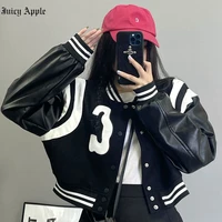juicy apple 2022 womens bomber black retro leather spliced baseball uniform short coat summer y2k jackets woman goth clothing
