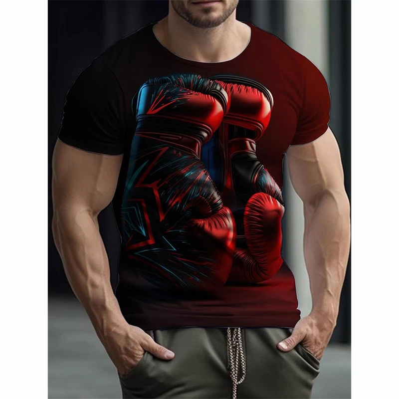 Boxing Gloves T-shirts Men's Gym Fitness Sports T-shirt Clothing O-neck Short Sleeve Retro 3D Print Casual Fashion Loose Tees