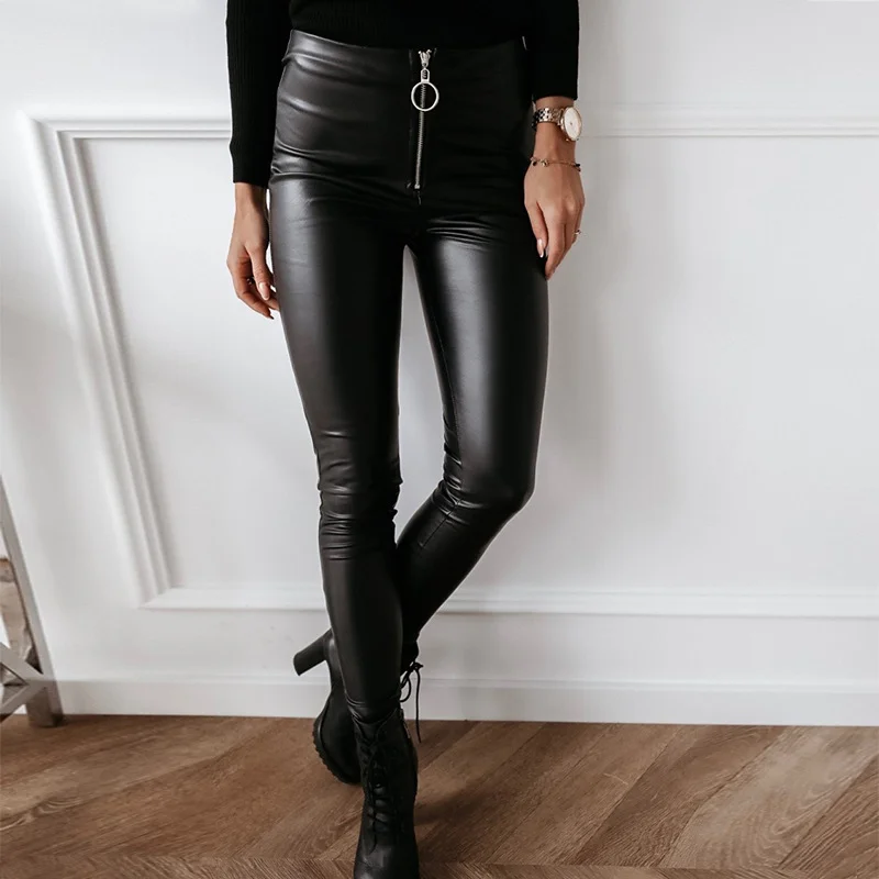 

Women's Faux Leather Leggings Pants PU Elastic Shaping Hip Push Up Black Sexy Curvy Stretchy High Waisted Tights Zipper Autumn