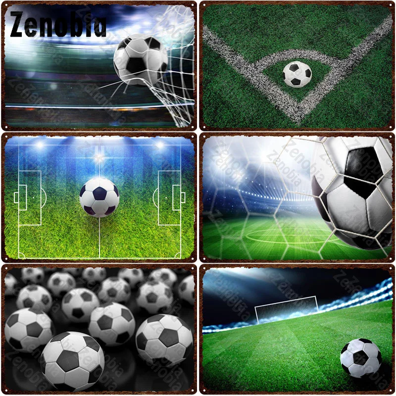 

Metal Poster Soccer Tin Sign Football Breaks Through The Net In The Light Wall Stickers Decorative Vintage Plaque Gym Home Decor