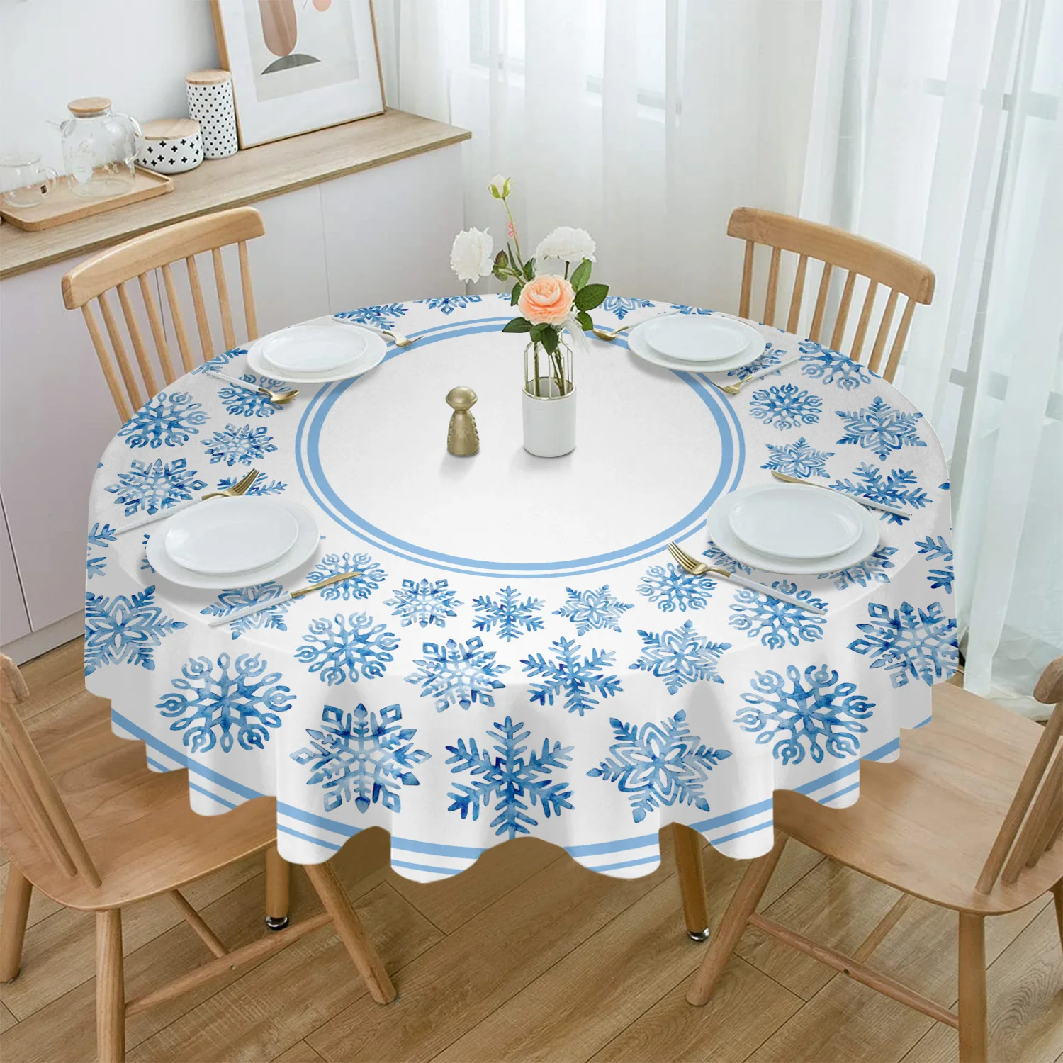 

Blue Snowflake Christmas Winter Round Tablecloth Waterproof Wedding Party Table Cover Holiday Dining Table Tablecloth