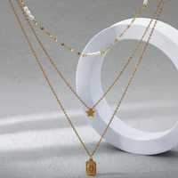 natural pearl pentagram tag three floors stainless steel ladies pendant necklace 18k real gold plated waterproof and anti fading