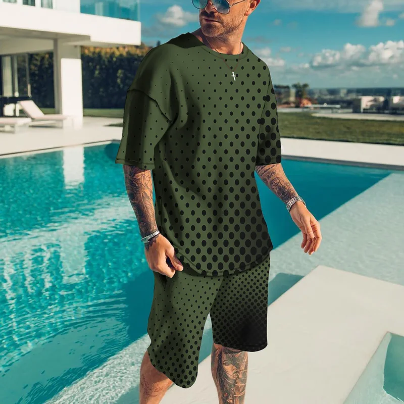 Dot Pattern Printing Summer Men's T Shirt Loose O-neck Short Sleeve Casual Comfortable Shorts 2 Piece Outfit Men Sports Clothing