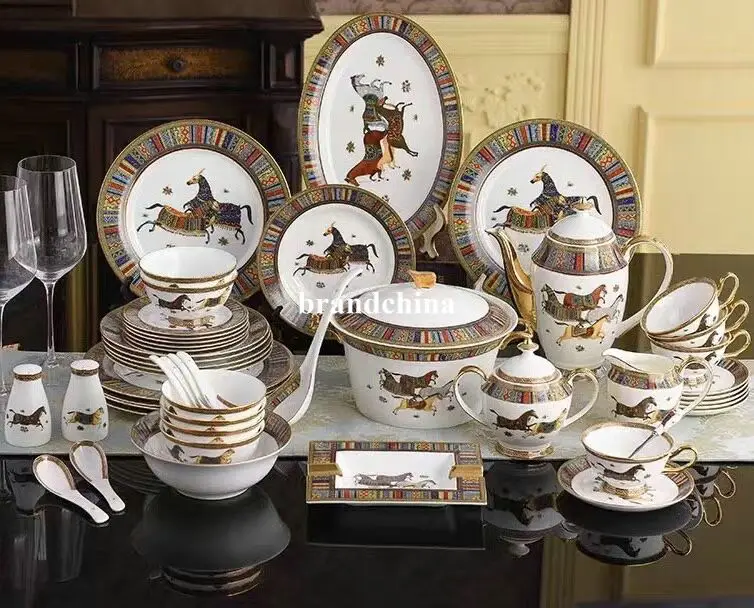 

European bone china tableware Oriental horse bowl lamp horse pattern combination light gold luxury bordered ceramic plate