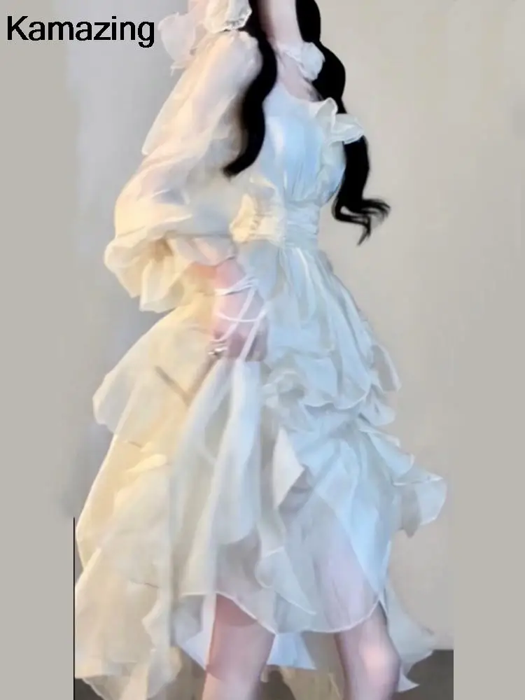 Весенне-летние однотонные сказочные платья с оборками корейская мода тонкий