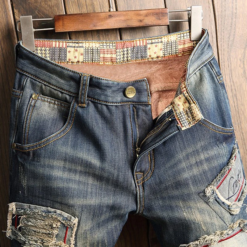 Winter Men Jeans Patchwork Ripped Design Casual Straight Denim Trousers Man Thick Warm Pants Male Fashion High Quality Jean