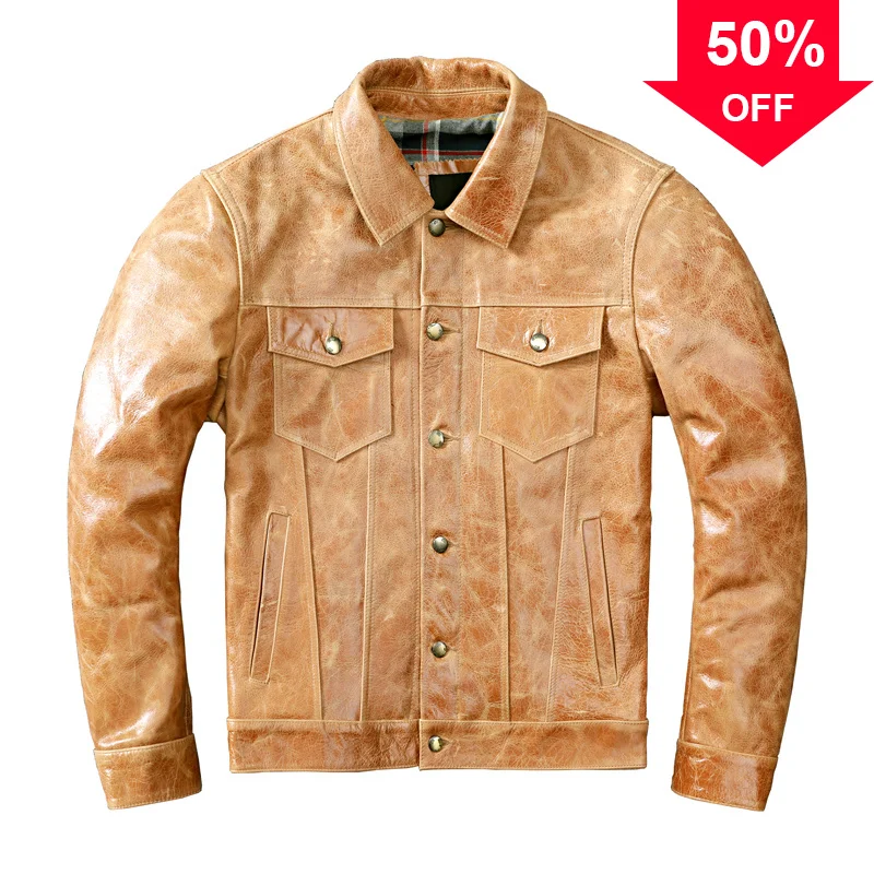 

Aoottii 100% Genuine Leather Jacket Men Vintage Natural Cowhide Male Tanned Batik Jackets Man's Coat Spring Autumn Clothes Tide