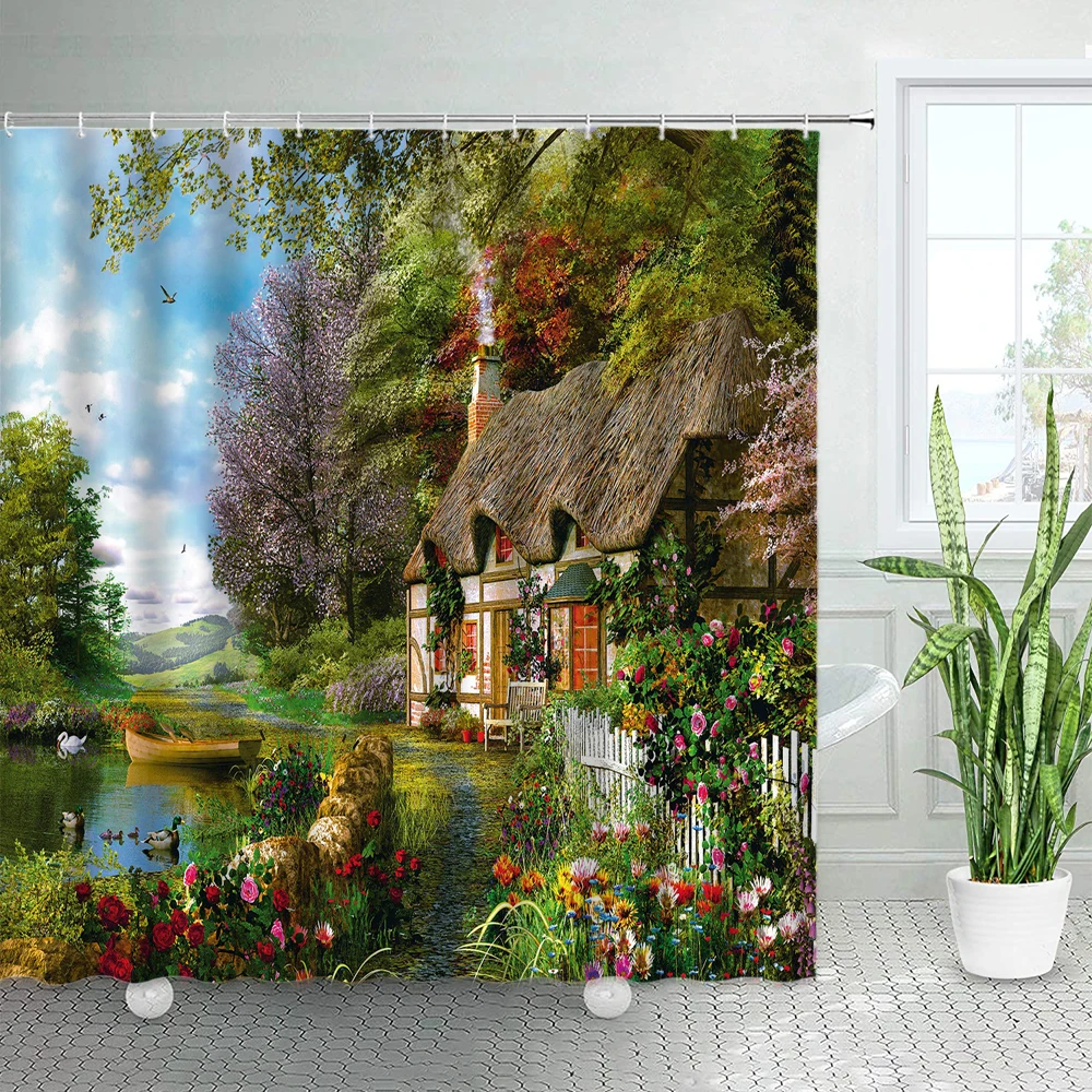 

Rural Landscape Shower Curtains Set Pink Flowers Tree Forest Natural Floral Green Plant Scenery With Hooks Bathroom Decor