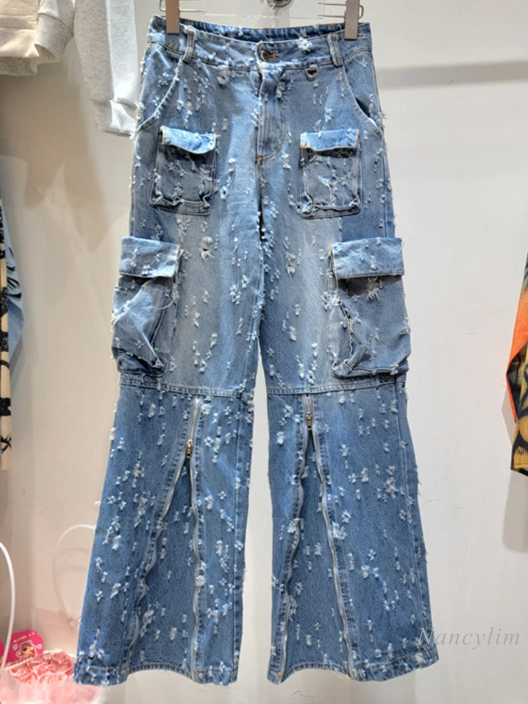 

Heavy Industry Ripped Washed Multi-Pocket Jeans Women's Long Denim Trousers 2023 Autumn New High Waist Overalls Pants