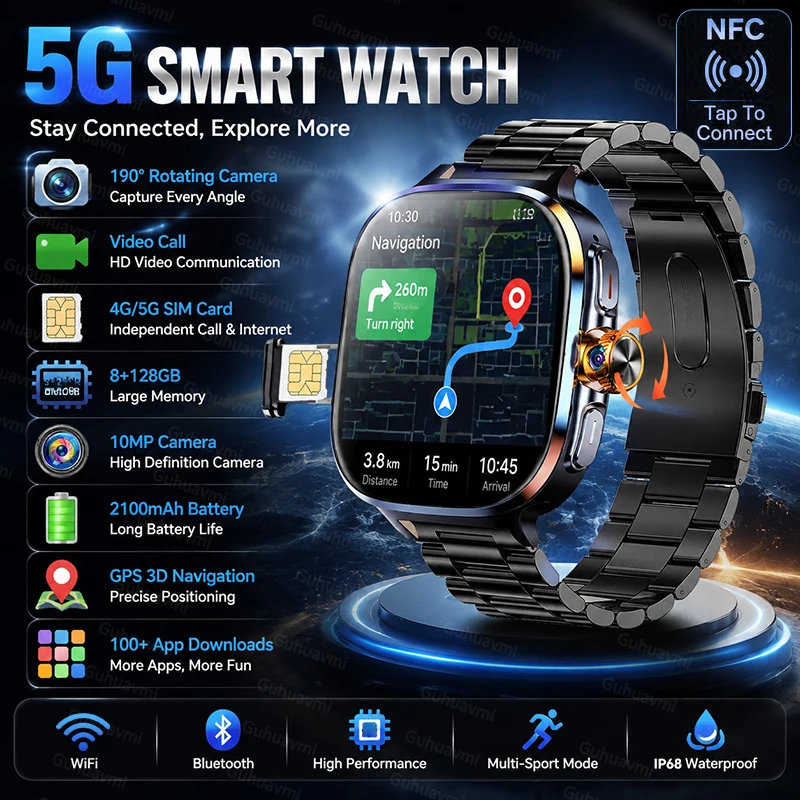 Фото Умные часы с поддержкой всех сетей 5G/4G, 8 ГБ+128 ГБ памяти, HD-камера 1000 МП, GPS, Wi-Fi, Bluetooth, звонки, загрузка более 100 приложений, мужские умные часы 2026. №1