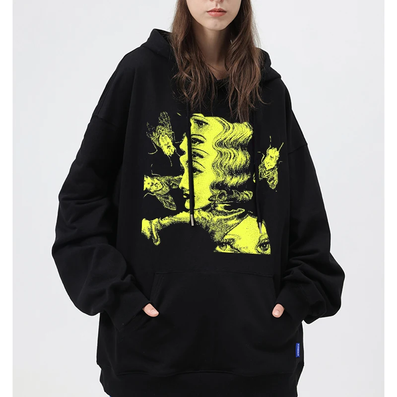 

Dark Street Retro Splicing Print Round Neck Loose Casual Oversize High Street Clothing Pocket Hooded Sweater Warm Loose Casual