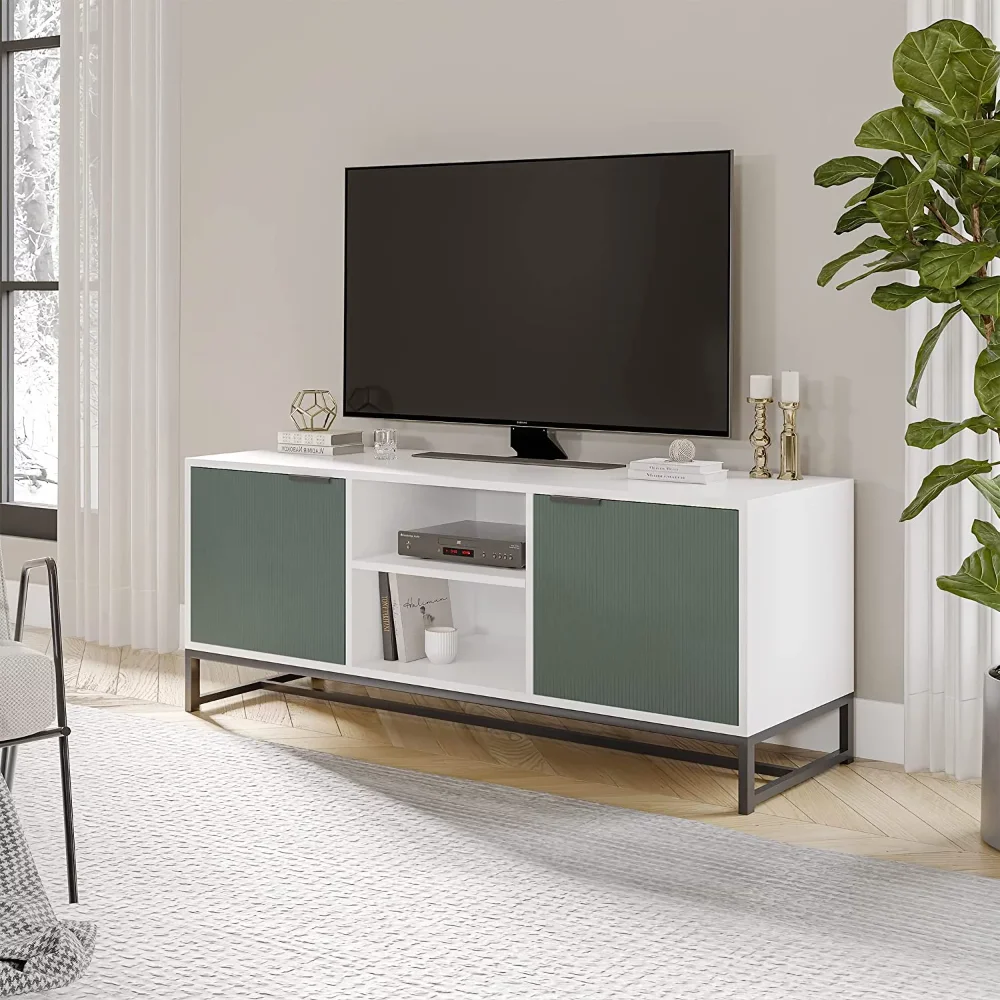 Center for 55-inch TV with Storage Cabinet & Open Shelves for Living Room, Bedroom, Office, White & Green