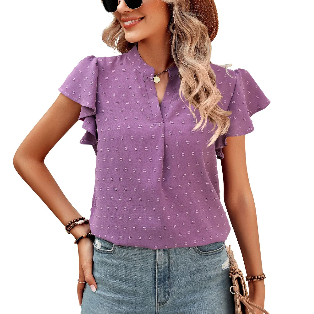 

2023 Summer New Blouse Women V-neck Short-sleeved Chiffon Shirt with Wool Ball for Commuting Womens Tops Shirts for Women Blouse