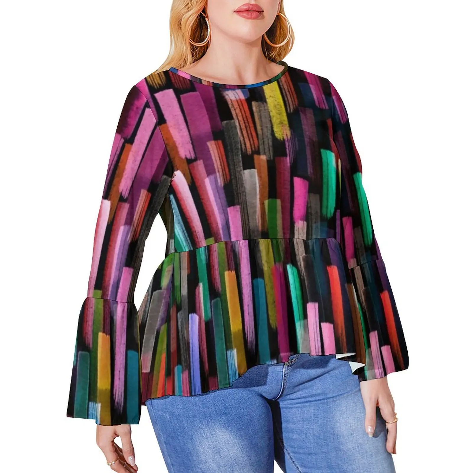 

Abstract Geometry T-Shirt Watercolor Stripes Print Street Fashion Long-Sleeve T Shirts Trendy Tee Shirt Tops Plus Size 5XL 6XL