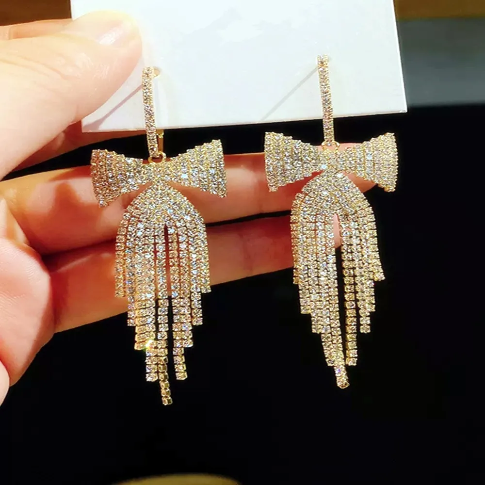 

Statement Big Bowknot Tassel Earrings With Shinning Rhinestones 2023 New Personality Party Jewelry Wholesale