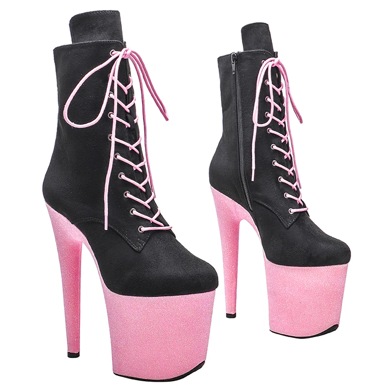Leecabe 20CM/8inch Pink Glitter Platform with Black suede upper  High Heel  Pole dance shoes