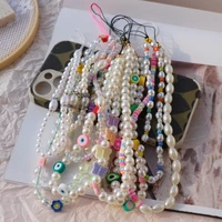 soft pottery beads mobile phone lanyards imitation pearl smiley demon eye letter bohemia y2k ins style handmade chain straps