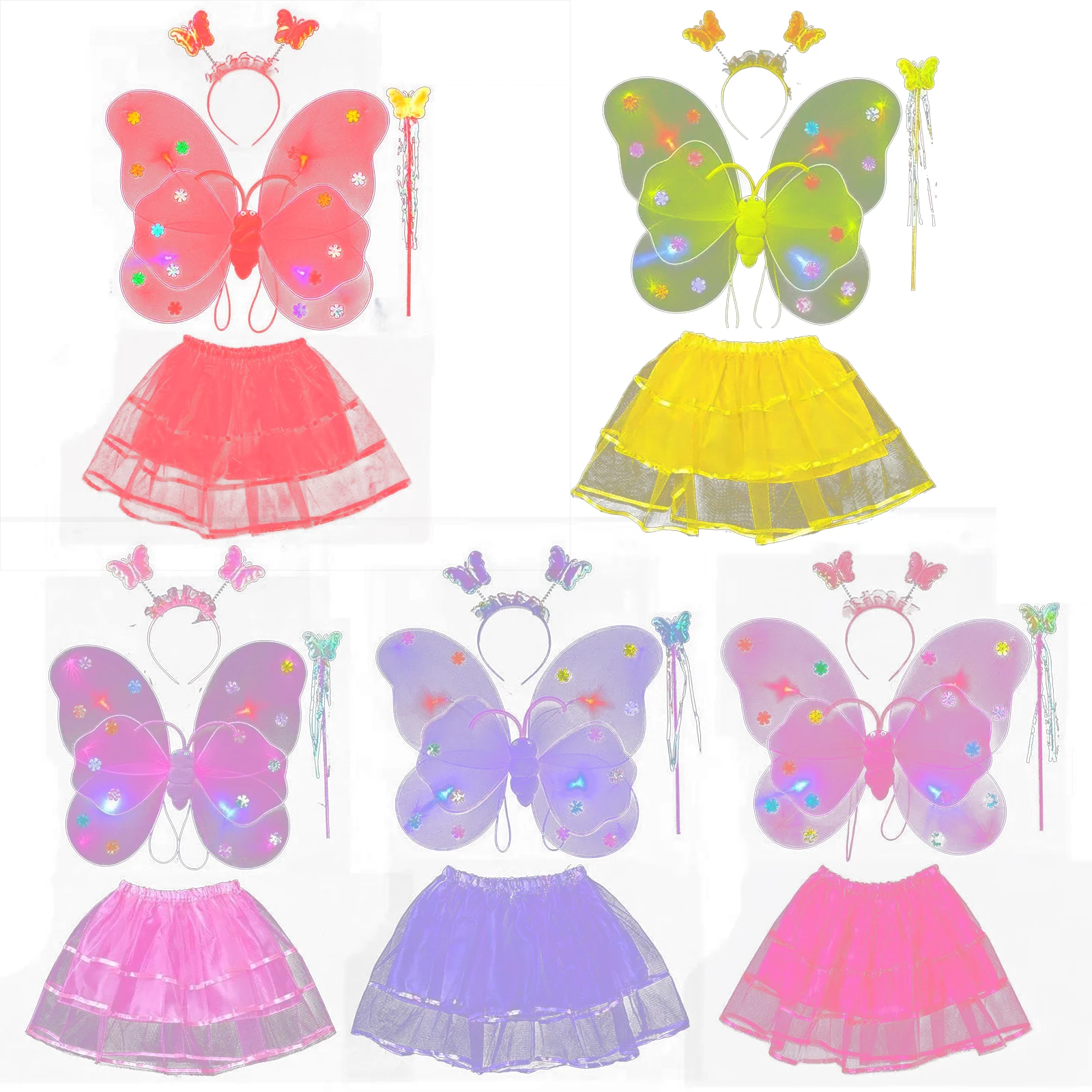 

4Pcs/set Girls LED Fairy Costume Set Tulle Tutu Skirt Double Layer Butterfly Wings Wand Headband Princess Performance Stage Up
