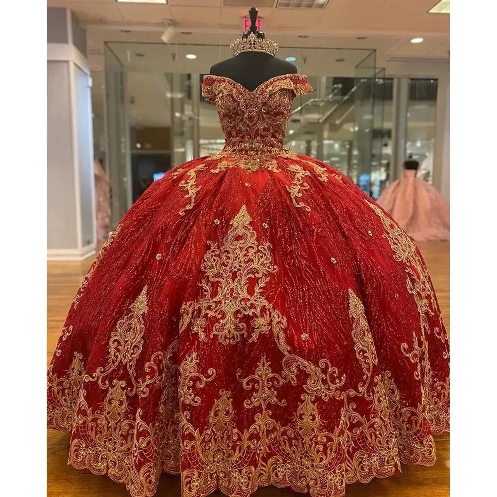 

Красные платья с открытыми плечами ANGELSBRIDEP для Quinceanera, высококачественные золотистые кружевные платья принцессы Золушки для дня рождения, 15 цветов