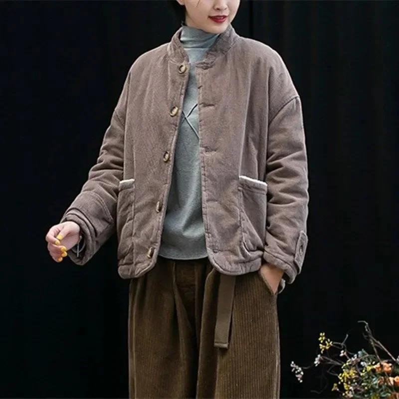2024 винтажная маленькая хлопковая куртка с толстым вельветовым пальто Женская