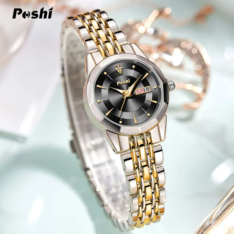 POSHI 927 Fashion Wrist Watch For Women Luxury Ladies Clock Waterproof Stainless Steel Quartz Woman Wristwatch Casual Relogio