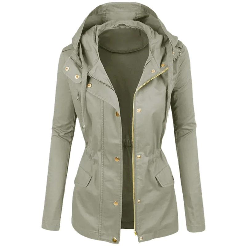

Regular Outdoor New Design Waterproof Fit Women Solid Fashion Pocket Drawstring Zipper Waist Raincoat Hooded Casual