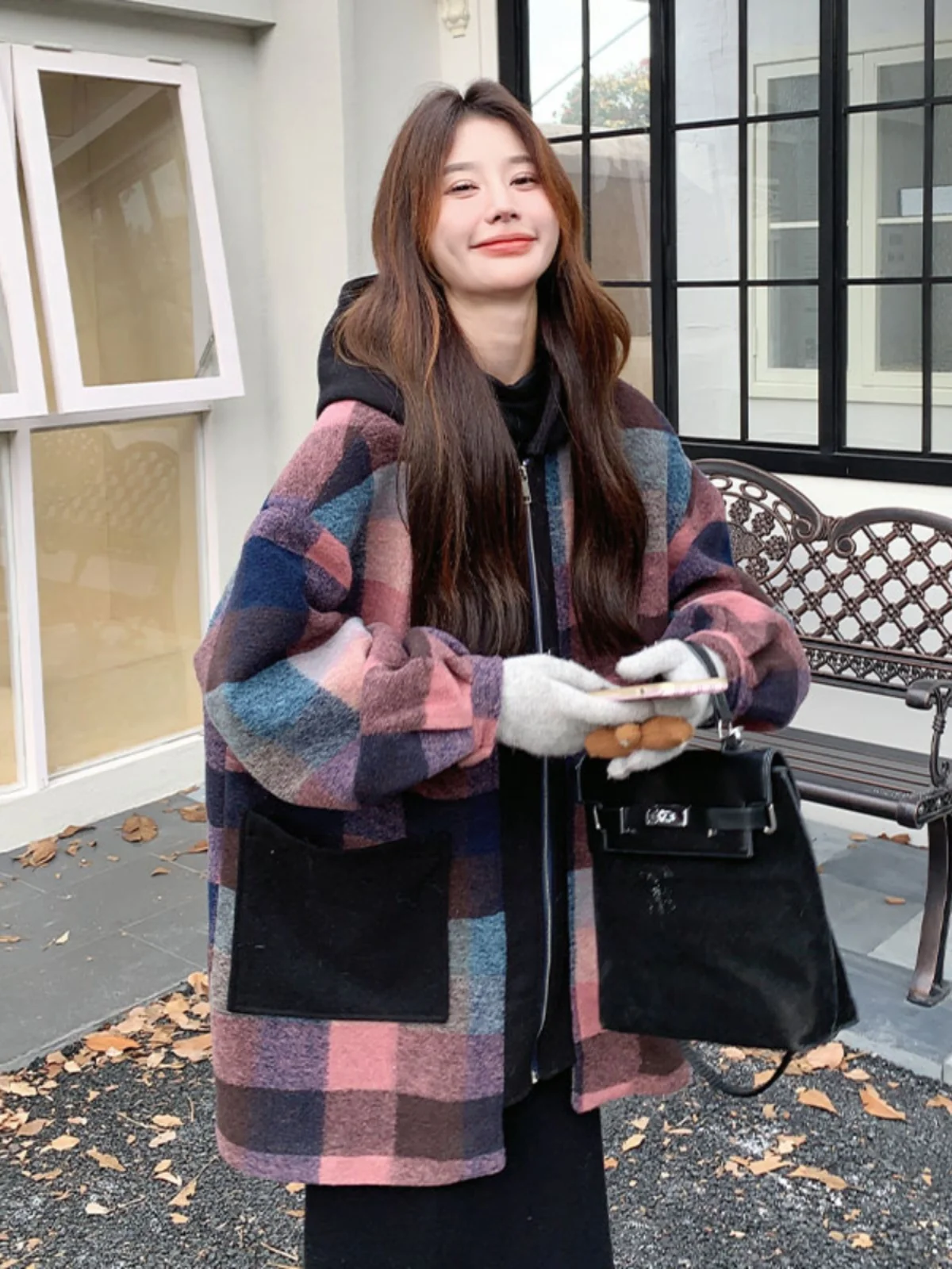 Уникальное супер красивое цветное шерстяное пальто в клетку для женщин зима 2024
