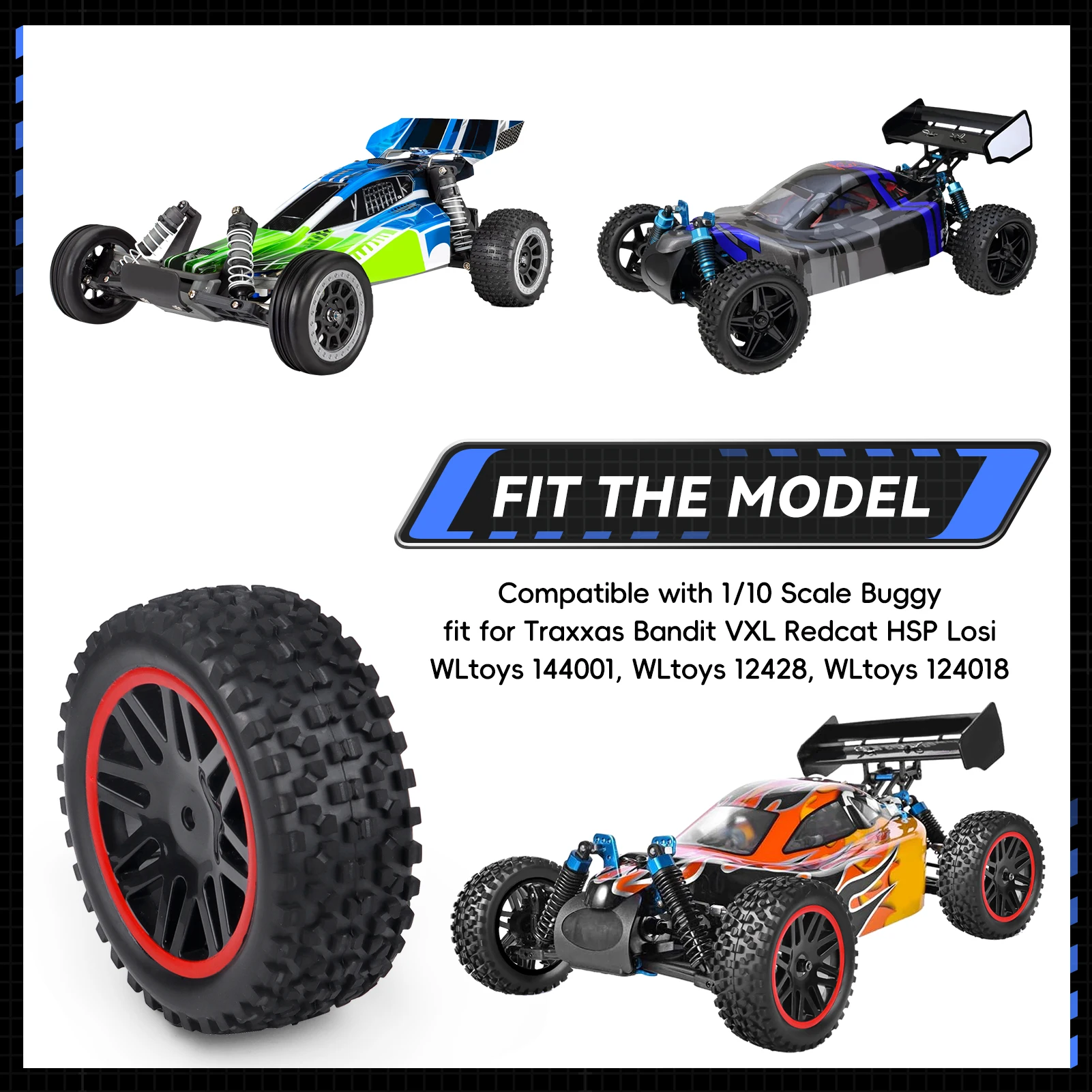 Фото Комплект предварительно склеенных шин и колес HobbyPark для радиоуправляемых багги 1/10, высота 3,46 дюйма (88 мм), для Traxxas Bandit, Wltoys 144001, Losi, Redcat №4