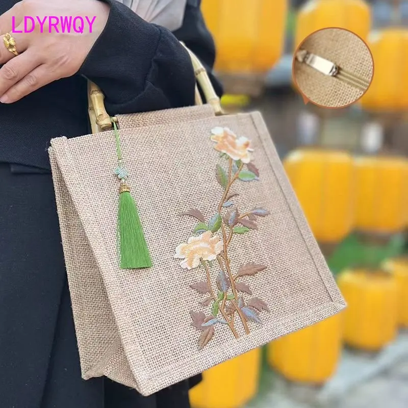 

Antique bag zipper go out small bag bamboo stick bag national style embroidered linen handbag women's new style Top-Handle Bags
