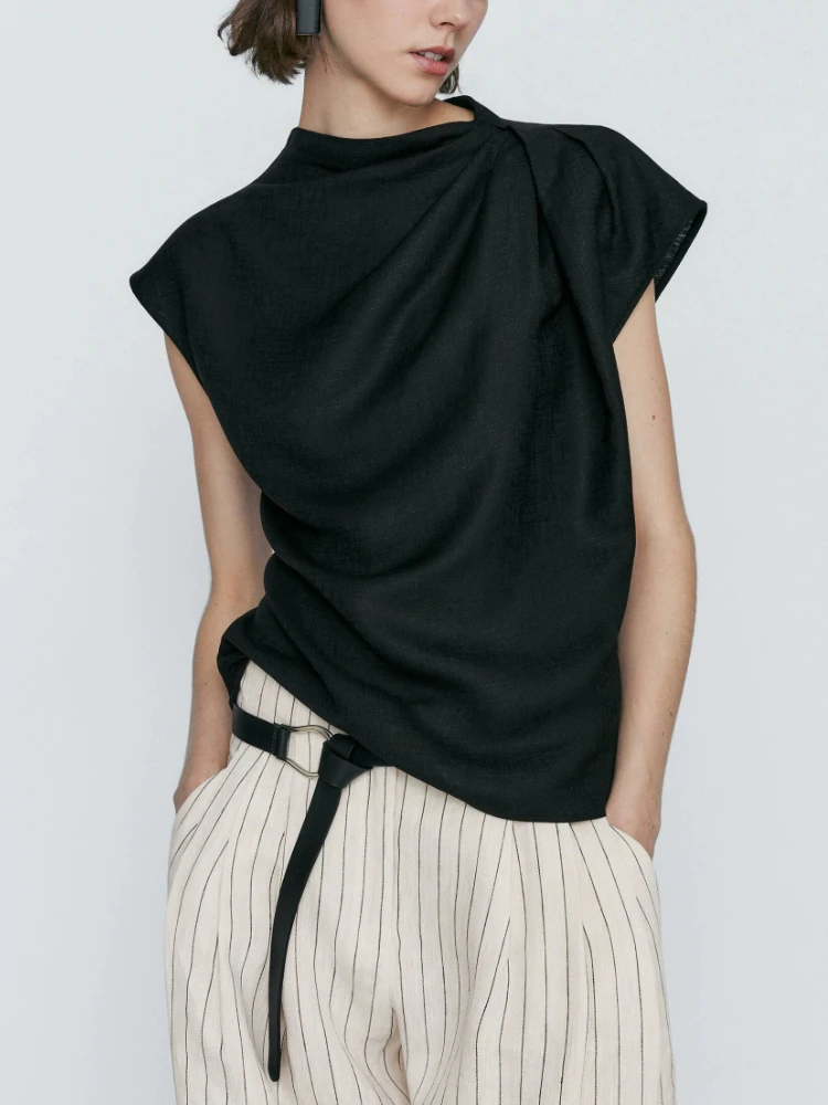 

Women's Summer New Round Neck Draped Shoulders Top Vest Shoulder Drape Design High-level Temperament Black Top Shirt RA