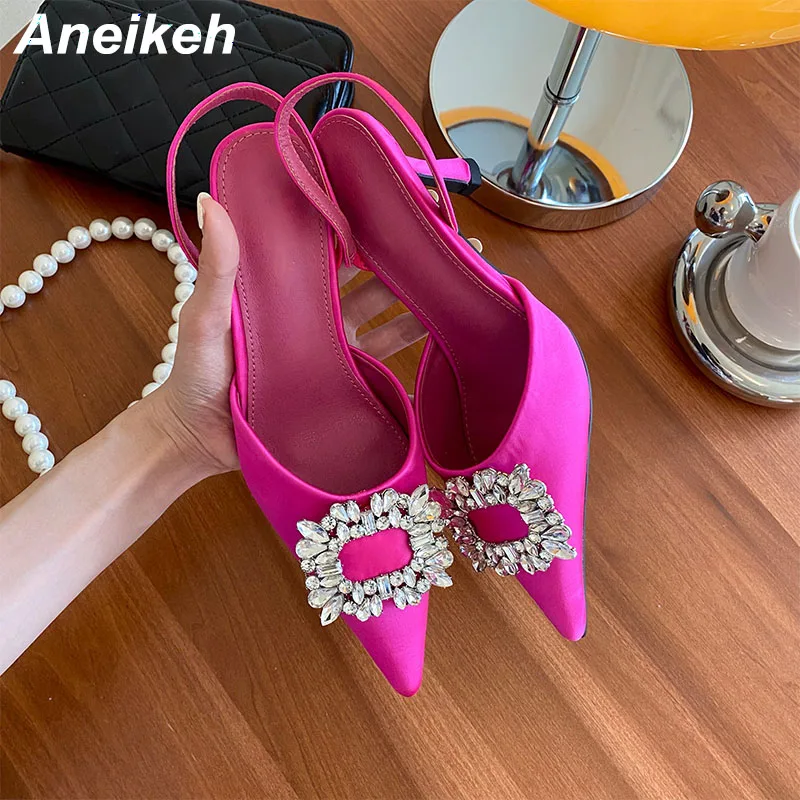 

Aneikeh 2022 Sexy Thin High Heel Women Shoes Classics Party Wedding Pump Rhinestones Flower Decoration Pointed Toe Ankle Slip-On