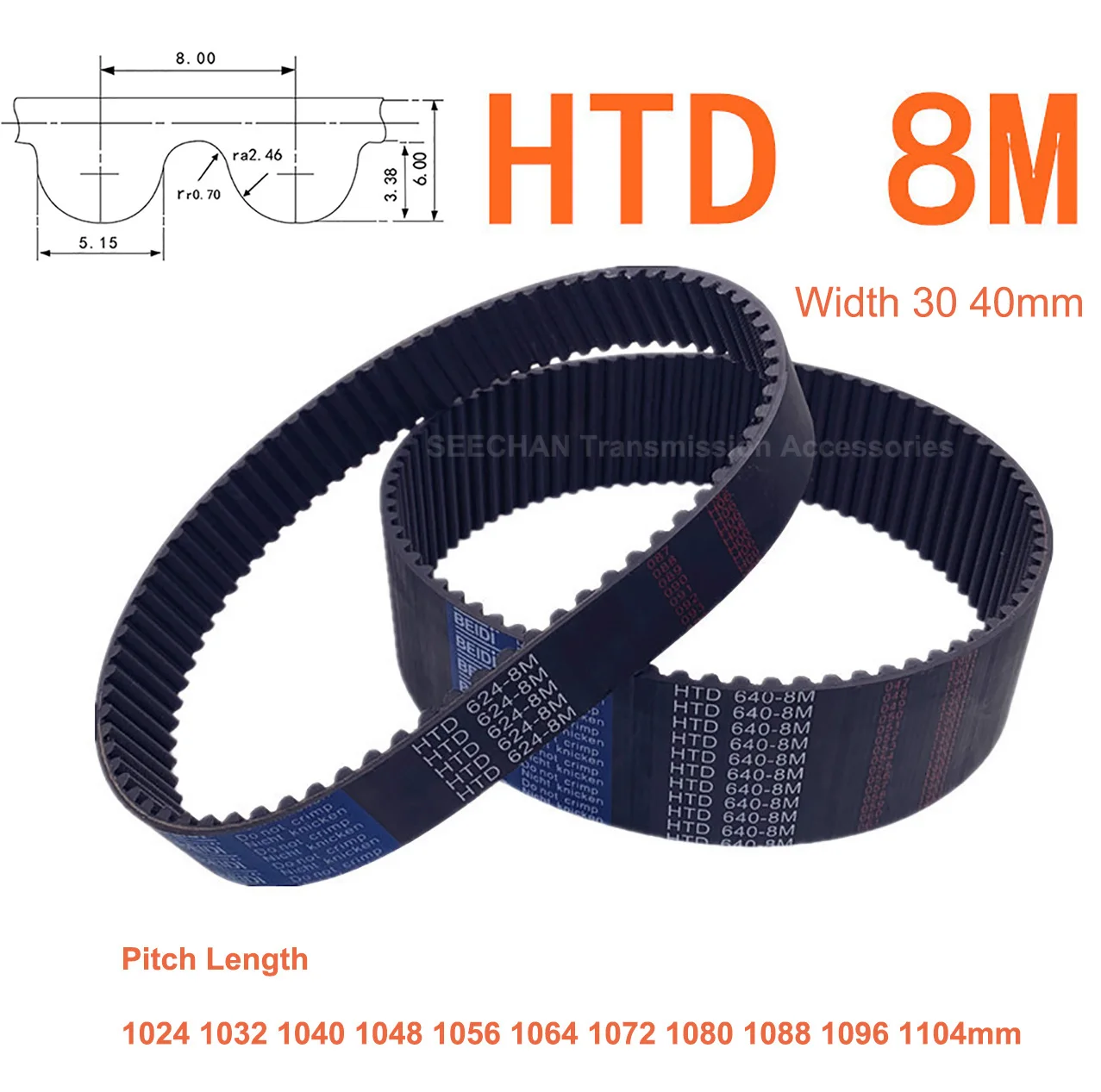 

HTD 8M Rubber Closed Synchronous Timing Belt Width 30 40mm Perimeter 1024 1032 1040 1048 1056 1064 1072 1080 1088 1096 1104mm