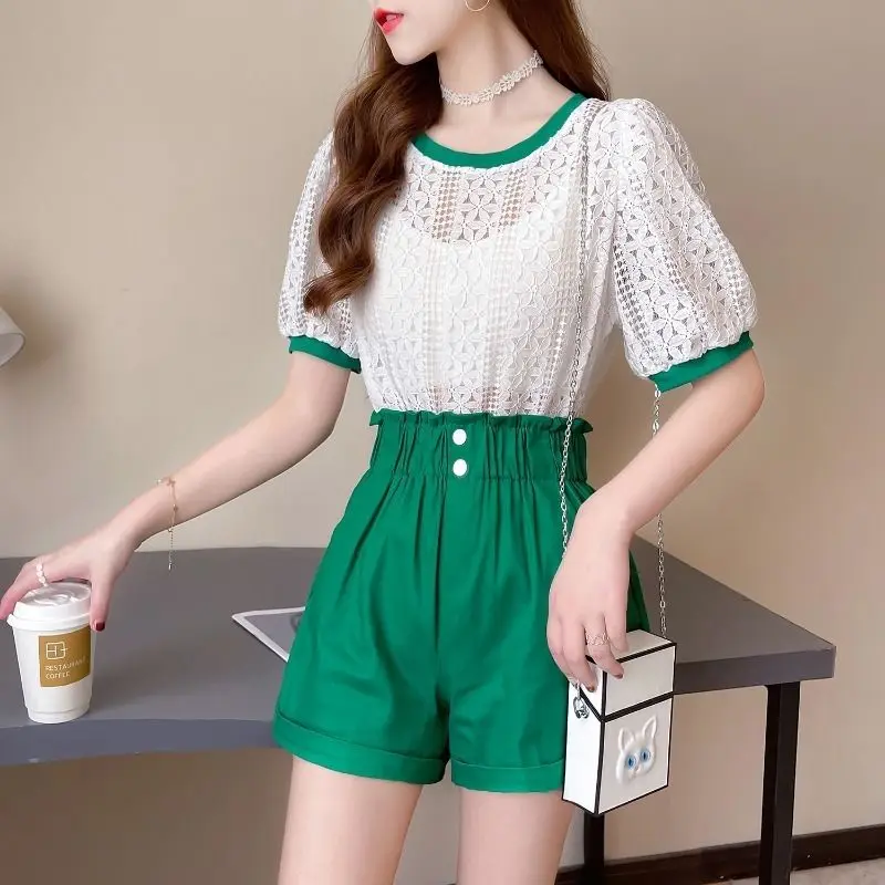 

Women 2022 Summer Elegant Two Piece Set Female Short Sleeve Casual Lace Blouse Tops+high Waist Shorts Sets Lady Sweet Suit M51