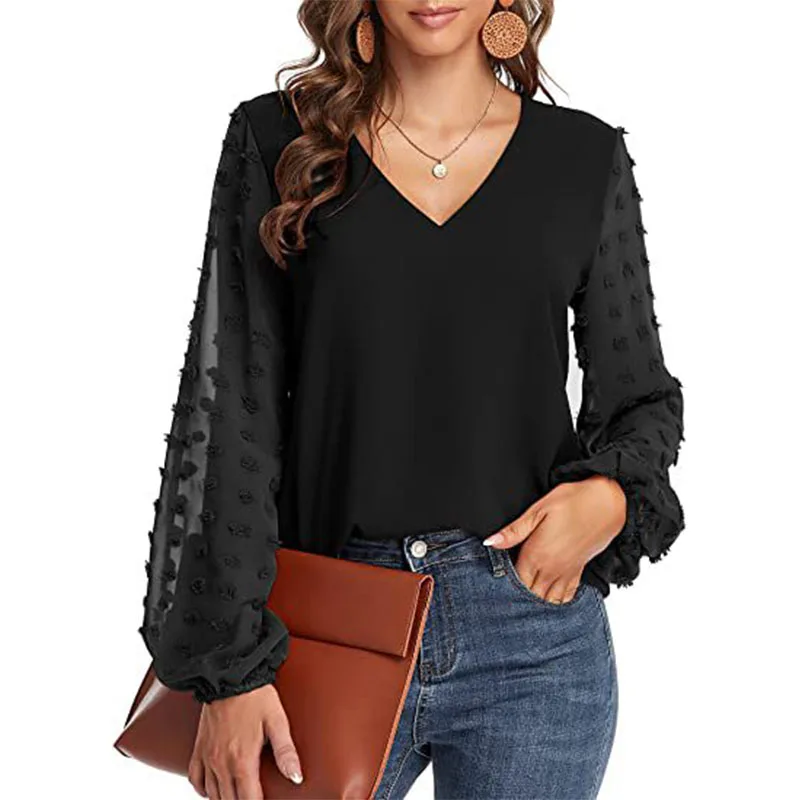 

Women 2022spring summer V-neck polyester stitching big hair ball long-sleeved top temperament commuter solid color Polos fir Y2K