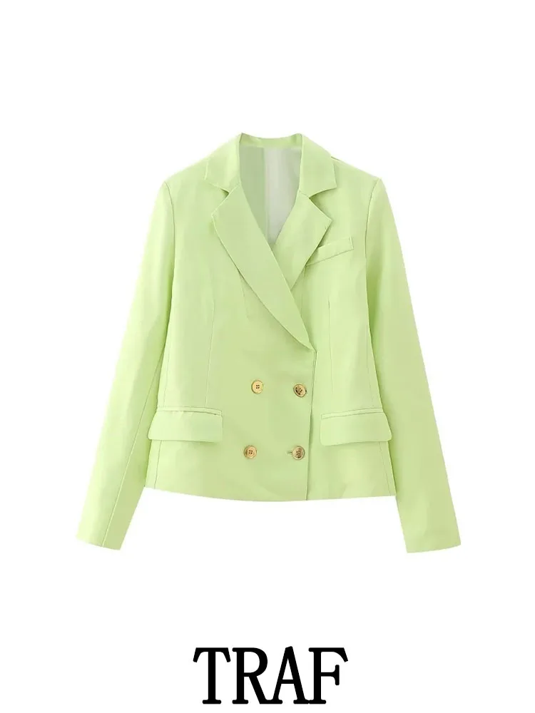 

TRAF 2023 Women Straight Blazer Jacket Coats Fashion Double Breasted Long Sleeve With Pocket Causal Spring Summer Commute Tops