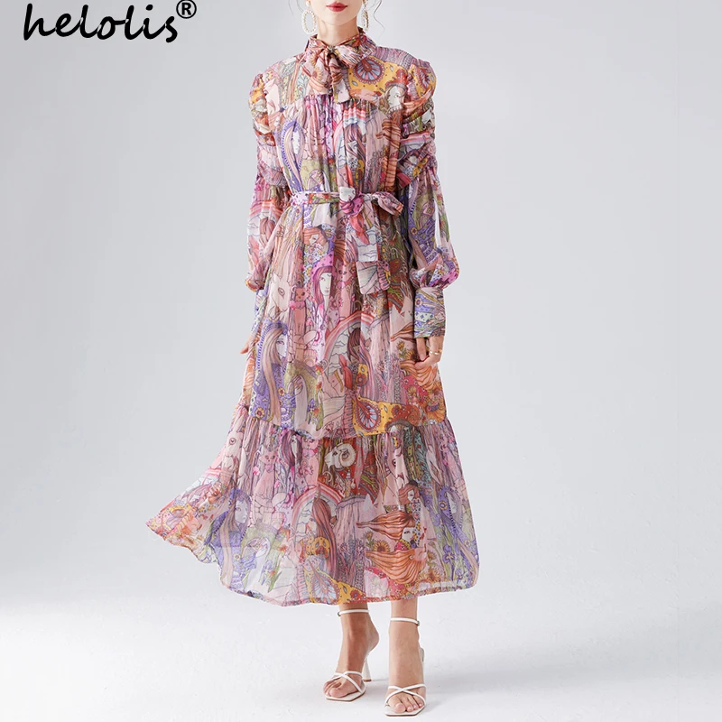 

Платье женское длинное с рукавами-фонариками, завязками и бантом