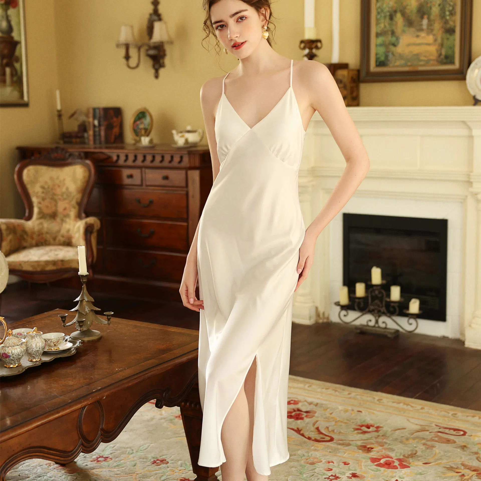 

Summer New Nightdress White Lady Nightwear Nightgown Satin Spaghetti Straps Skirt Intimate Lingerie Sexy Home Clothes Bathrobe