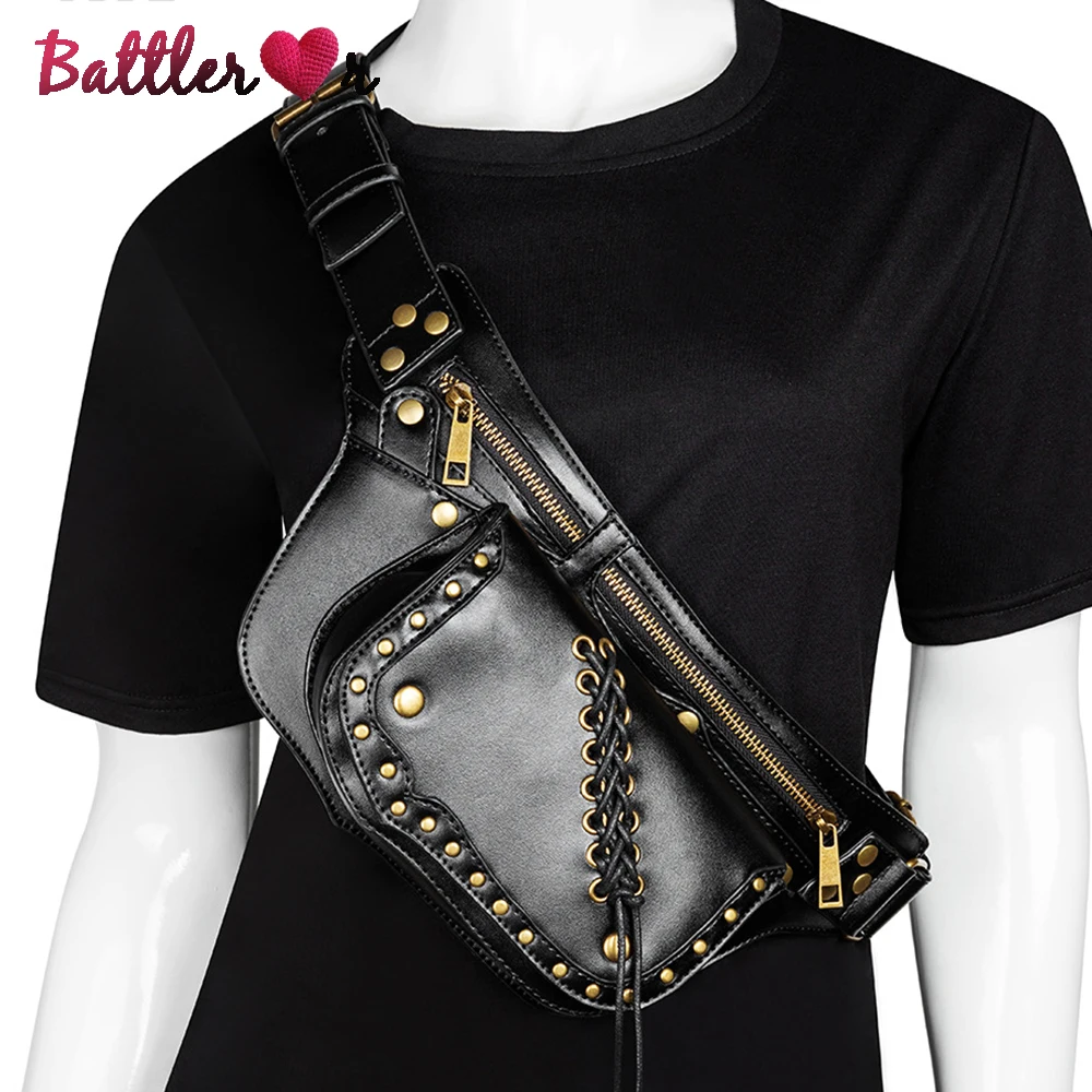 

Steampunk Large Capacity Chest Bag For Women Fanny Pack Leather Waist Bag Unisex Men Soft Belt Bag Rivet Casual Phone Pouch Bag