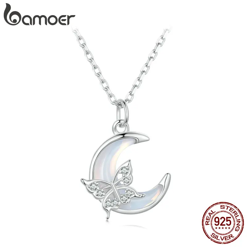 

Bamoer 925 Sterling Silver Exquisite Moon and Butterfly Necklace Shiny Pave Setting CZ Neck Chain for Women Valentine's Day Gift