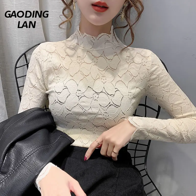 

GAODINGLAN Autumn Winter Women Long Sleeve Hollow Lace T-shirts Solid Color Turtleneck Sexy Transparent Top Slim Bottoming Shirt