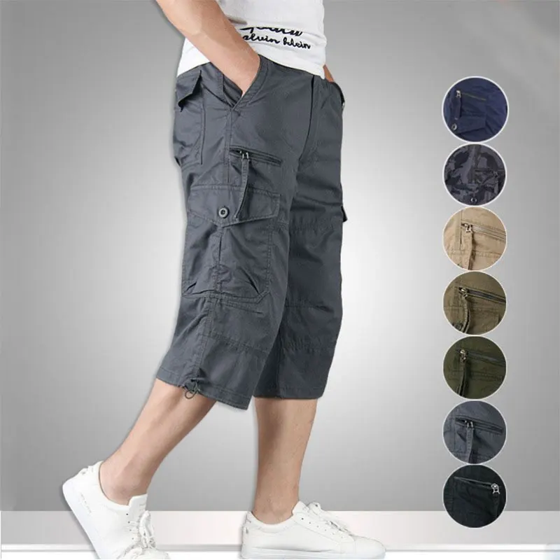 2022 Summer Men's Casual Cotton Cargo Shorts Long Length Multi Pocket  Capri Pants Male Military Camouflage Short Size M-5XL