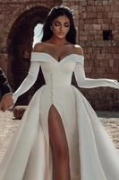 off the shoulder satin wedding dress buttons beaded sexy side split arabic dubai bridal gowns court train robe de mariee