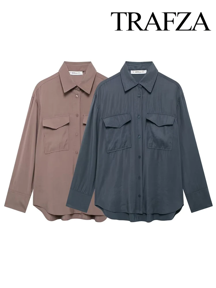 Женская драпированная рубашка с длинным рукавом и воротником карманами