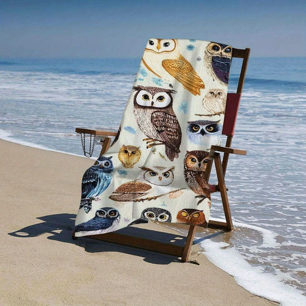Фото Винтажное пляжное полотенце из микрофибры с изображением совы, 2D-печать, водонепроницаемое, устойчивое к песку, большое банное полотенце-плед для бассейна, для летнего отдыха №3