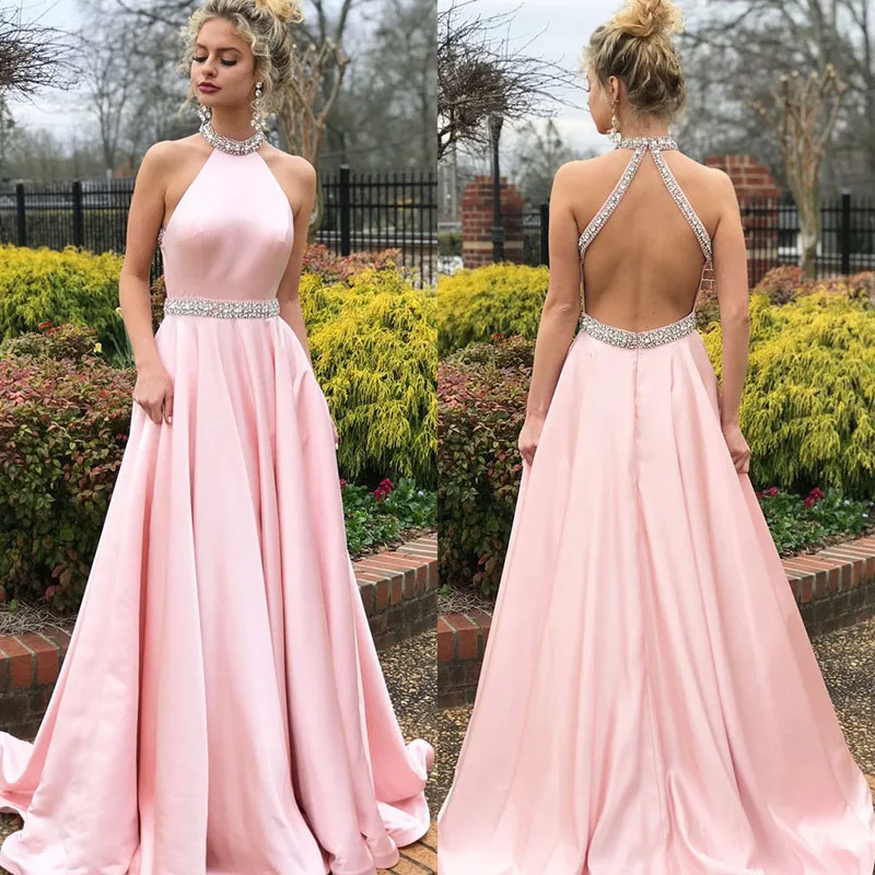 

Elegant Women Long Beach Satin Bridesmaid Dress Classical Halter Sequined Evening Dress Backless Robe Demoiselle D Honneur Femme