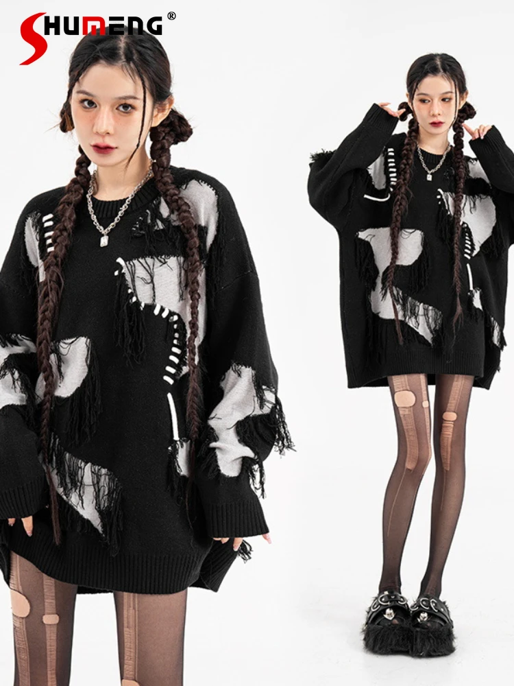 

American High Street Tassel Yarn Stitching Mid-length Knotwear Woman 2023 Autumn and Winter Long Sleeve Pullover Knit Sweaters