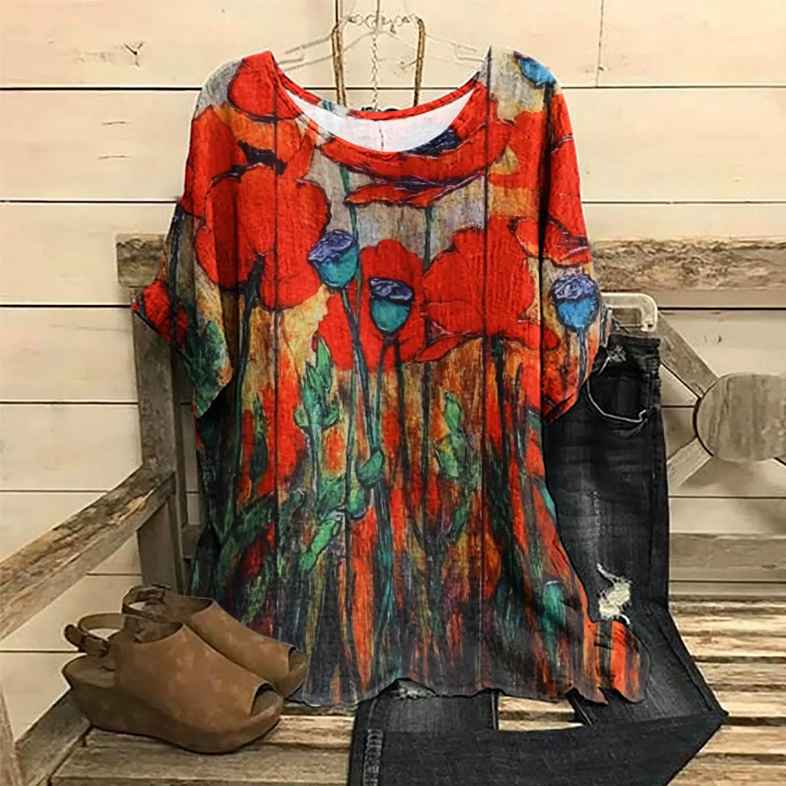 

Fashion Women T-shirt O-neck Short Sleeve Top 3d Flowers Print Tshirt Oversized Female Summer Tee Harajuku Loose Ladies Pullover
