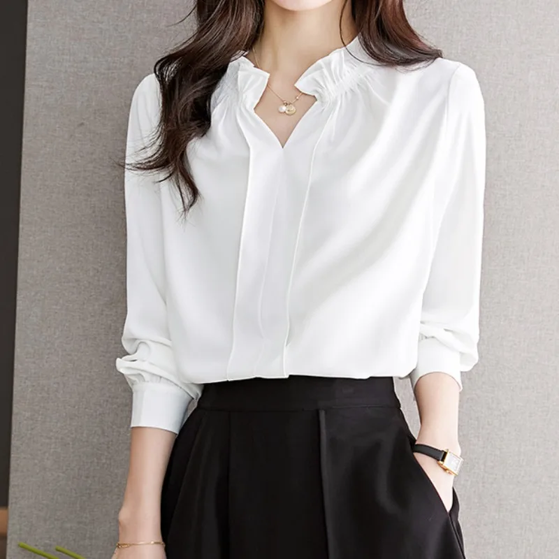 

Office Lady White Shirts Fashion Satin Blouse Women French V Neck Female Clothing Sweet Woman Tops Elegant New Blusas 29526